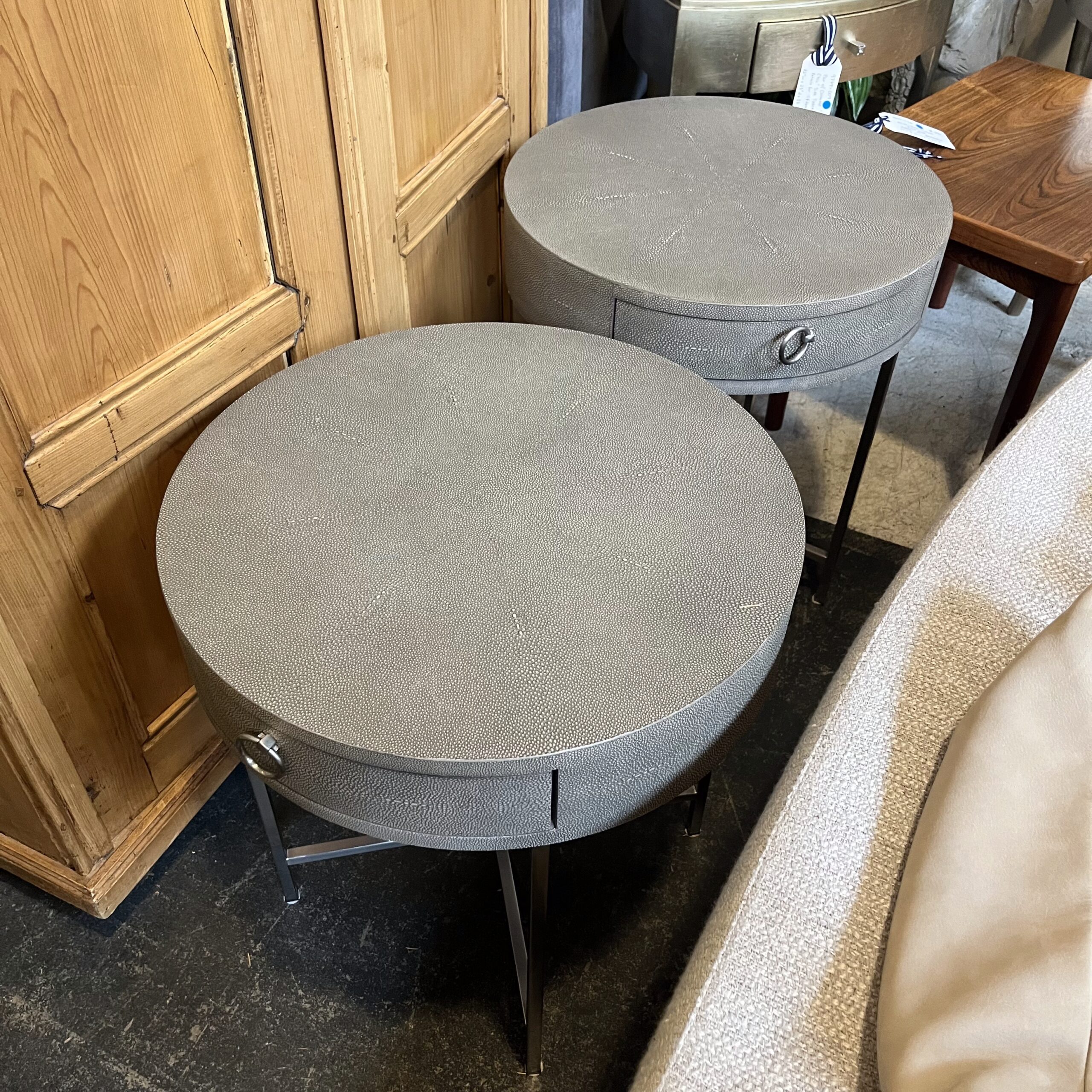 Pair of RH 'Graydon' Shagreen Round Bedside Tables - Coast Consignment