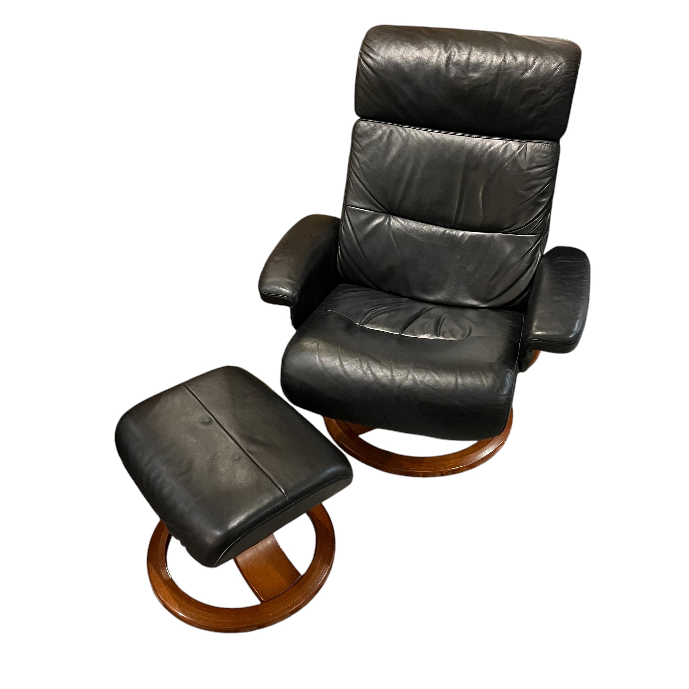 Ekornes Stressless Black Leather Swivel Lounge Chair with Matching Ottoman - Coast Consignment