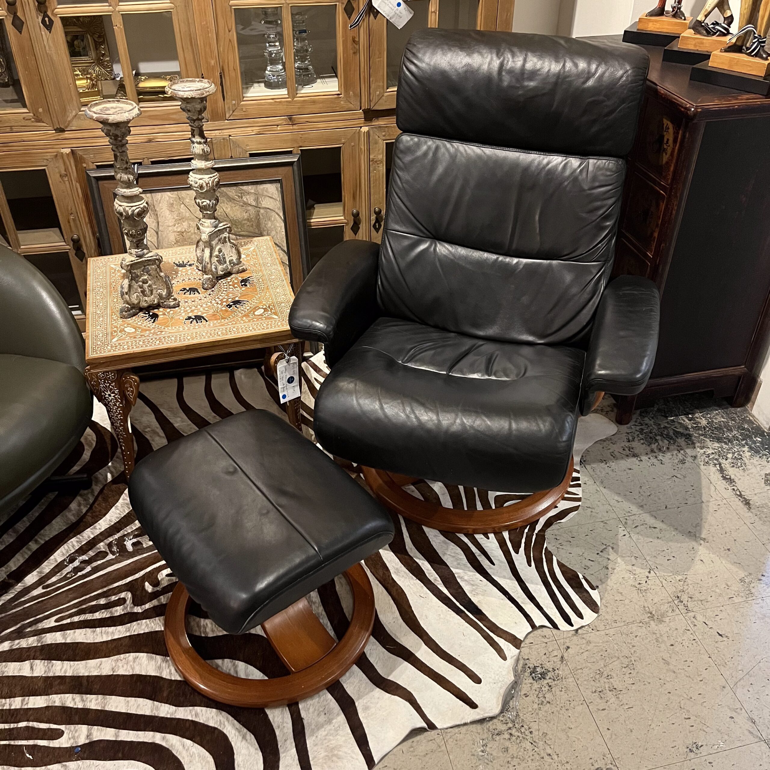 Ekornes Stressless Black Leather Swivel Lounge Chair with Matching Ottoman - Coast Consignment