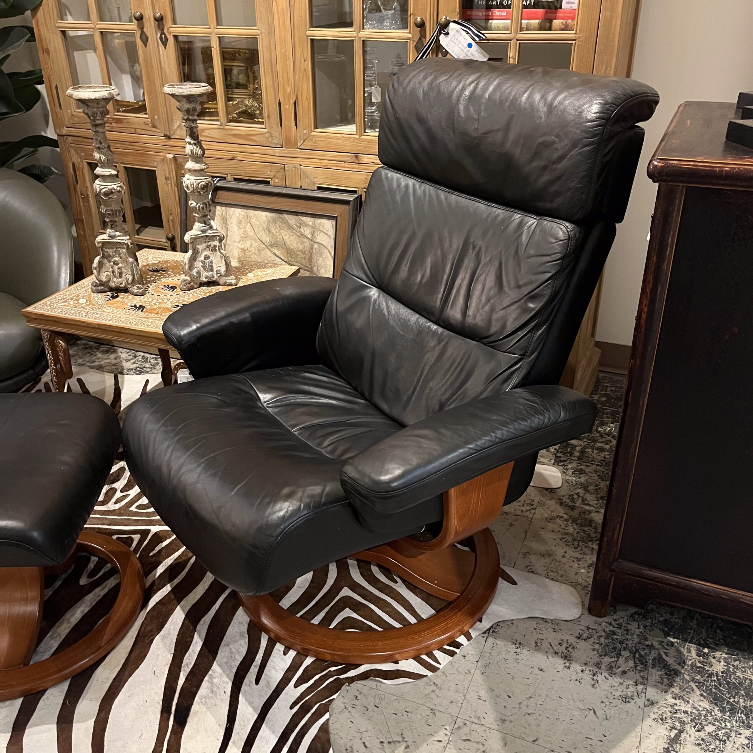 Ekornes Stressless Black Leather Swivel Lounge Chair with Matching Ottoman - Coast Consignment