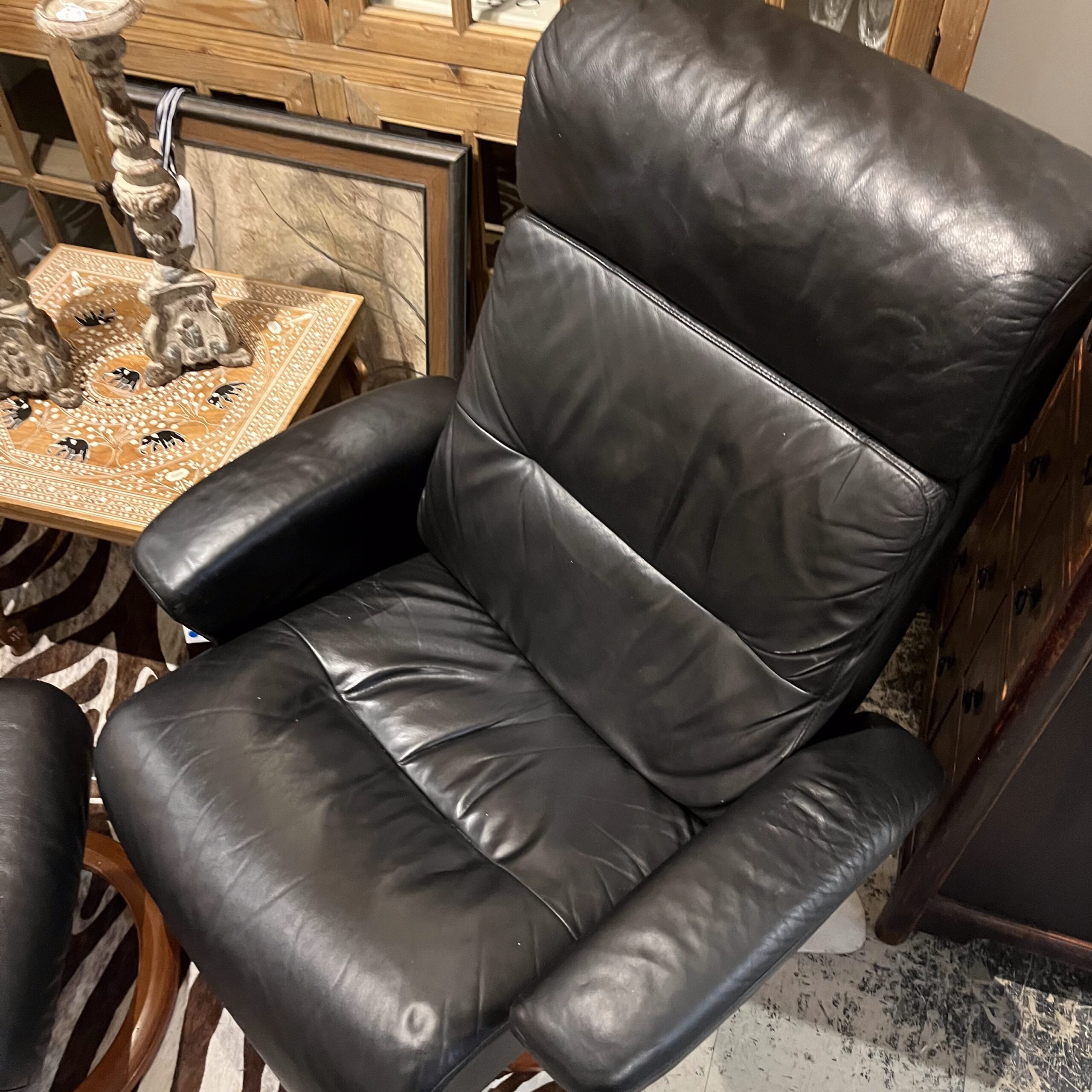 Ekornes Stressless Black Leather Swivel Lounge Chair with Matching Ottoman - Coast Consignment